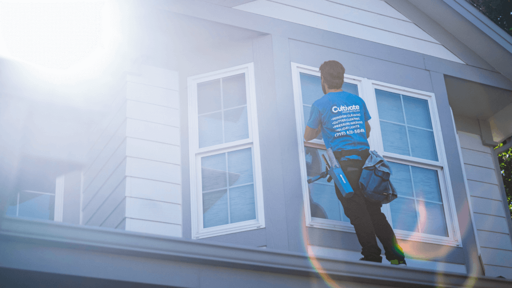 Window screen replacement professional standing on roof and working on the window