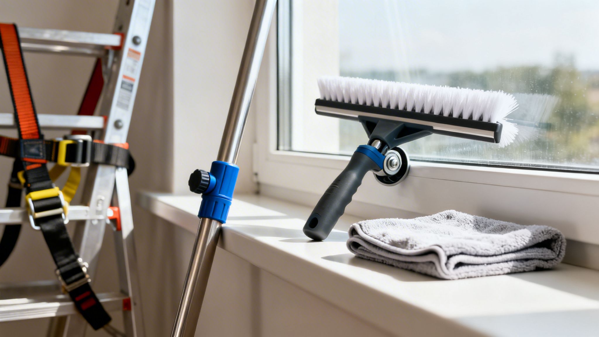 Professional window cleaning tools, including a brush, squeegee, safety harness, and ladder, by a bright window.