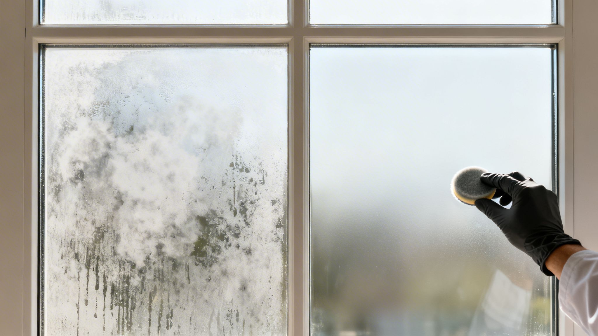 A gloved hand cleans a very dirty window pane with a sponge, showing a stark before-and-after.