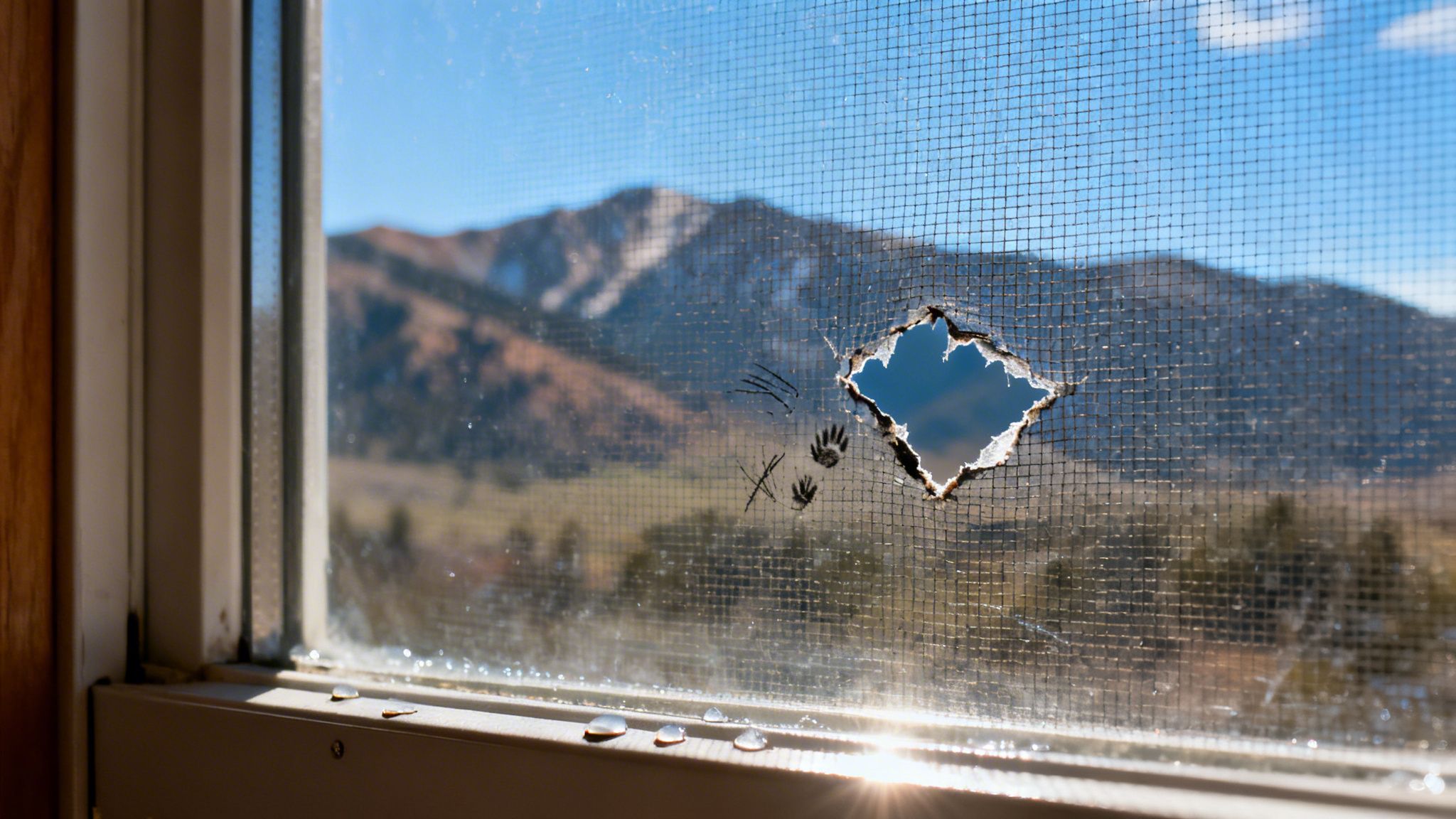 Close-up of a broken window screen with a mountain view, featuring paw prints and scratches.