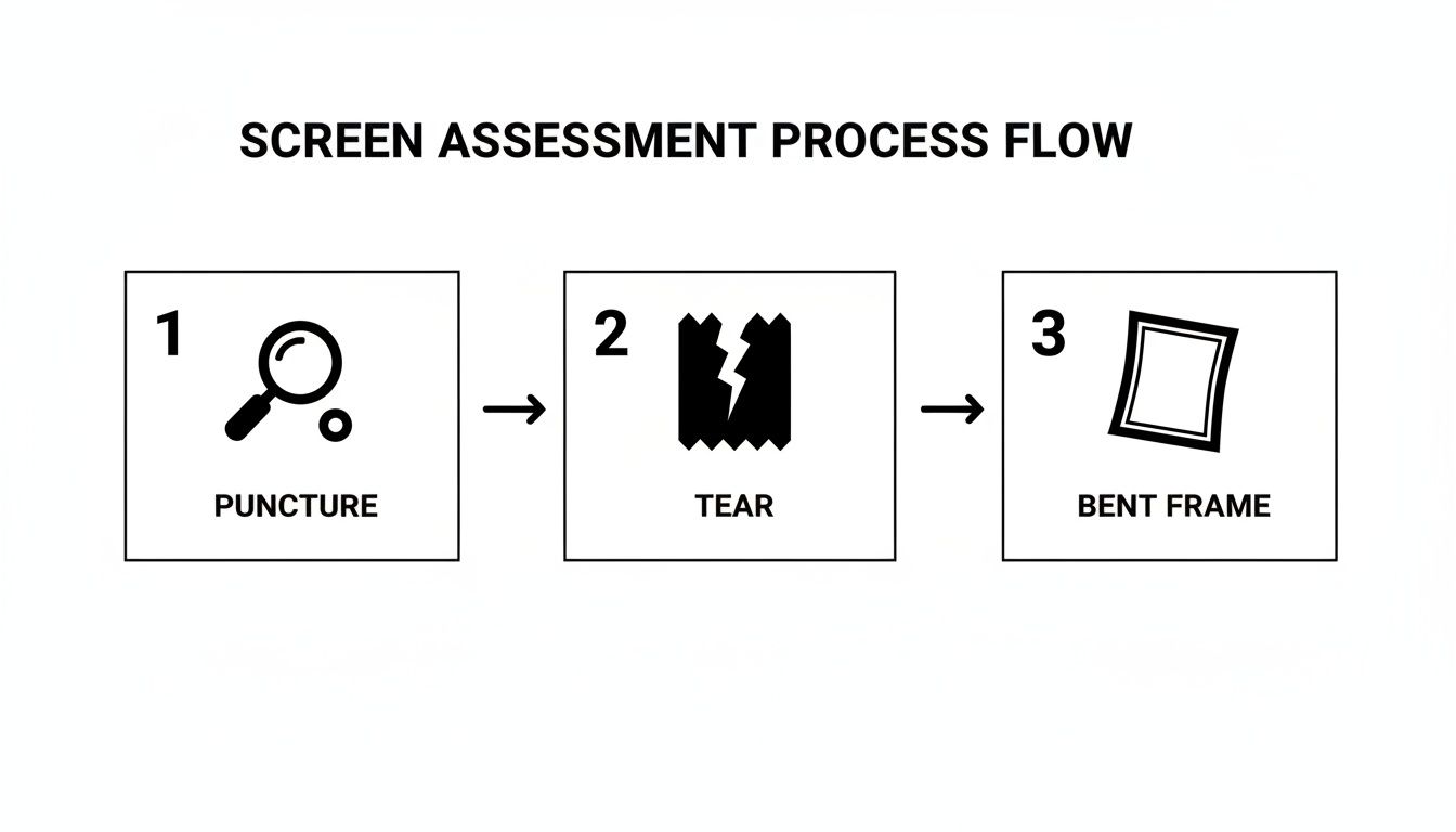 A screen assessment process flow showing puncture, tear, and bent frame as common damages.