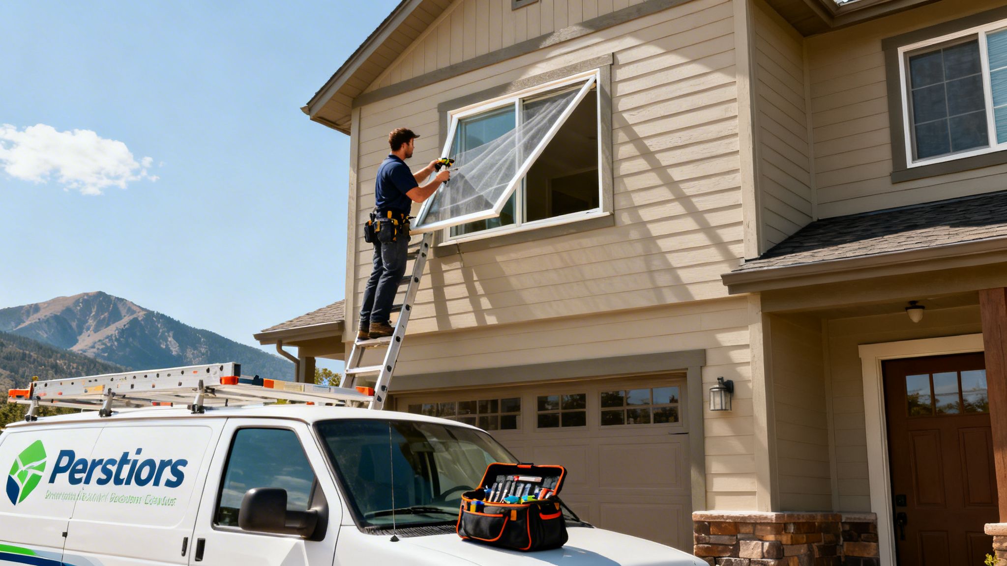 A technician on a ladder repairs a window screen on a house, with a branded van and mountains.