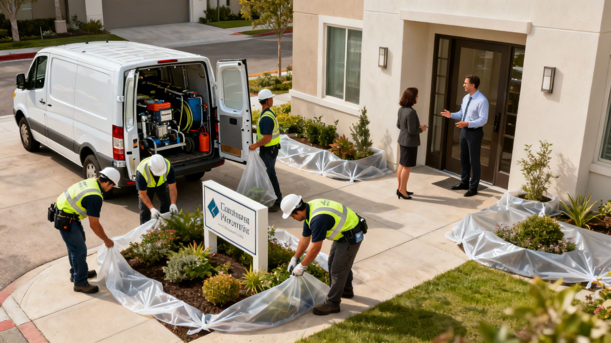 Commercial building exterior cleaning crew preparing the site, covering plants, while two people in business attire converse.