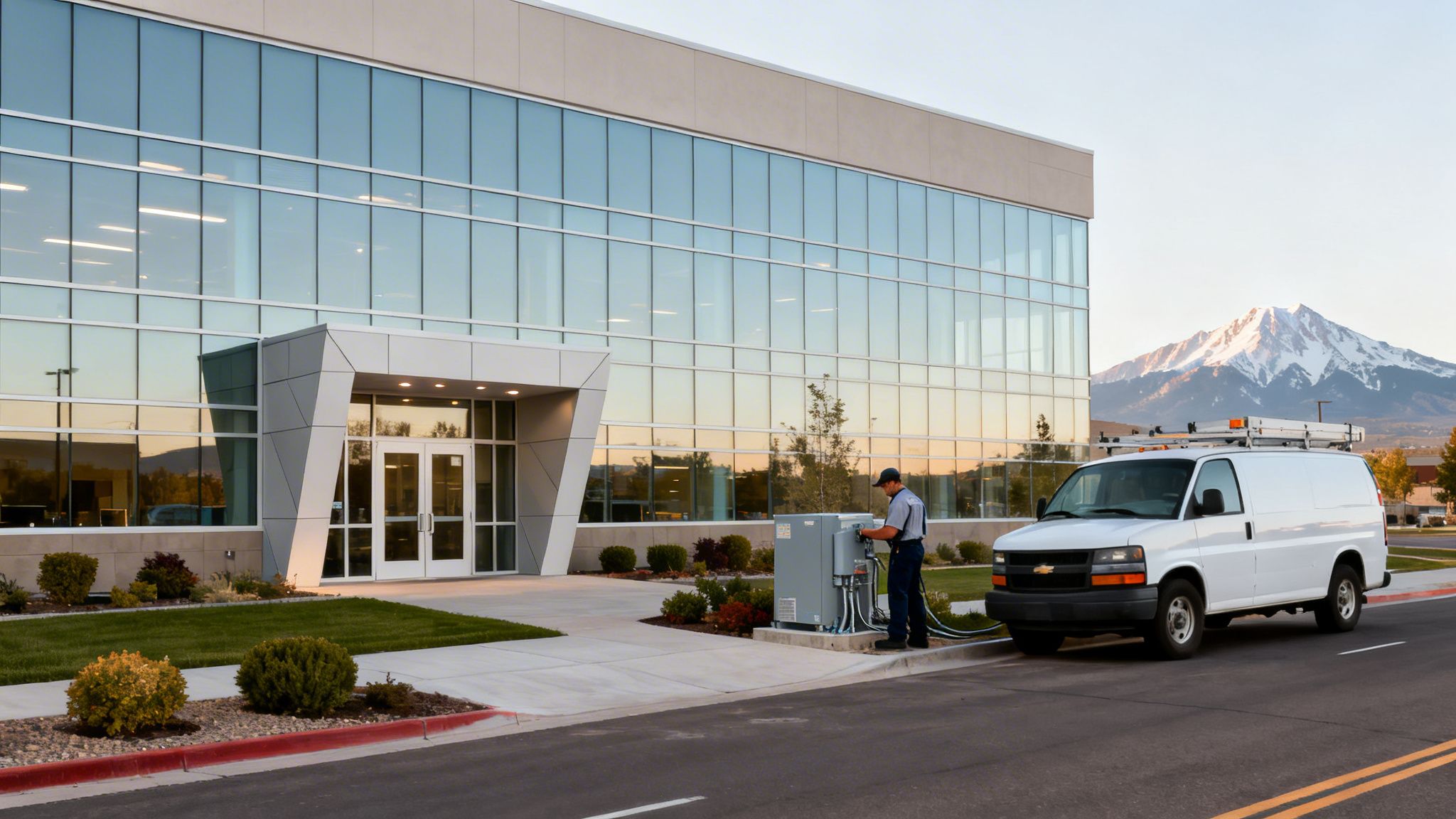 A service worker connects equipment from a utility van to a modern commercial building.