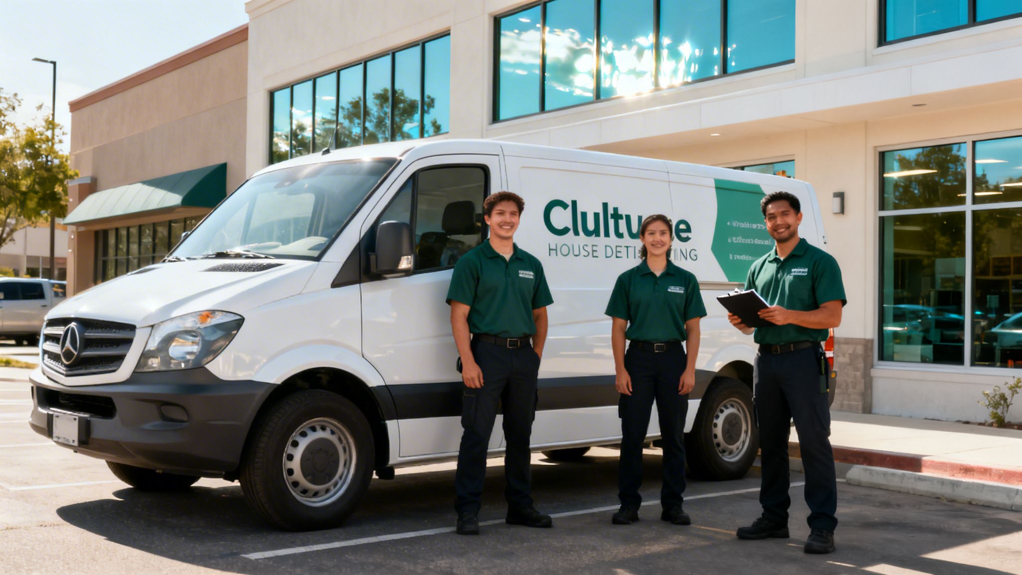 Three smiling service workers in green uniforms stand proudly in front of their branded white service van.