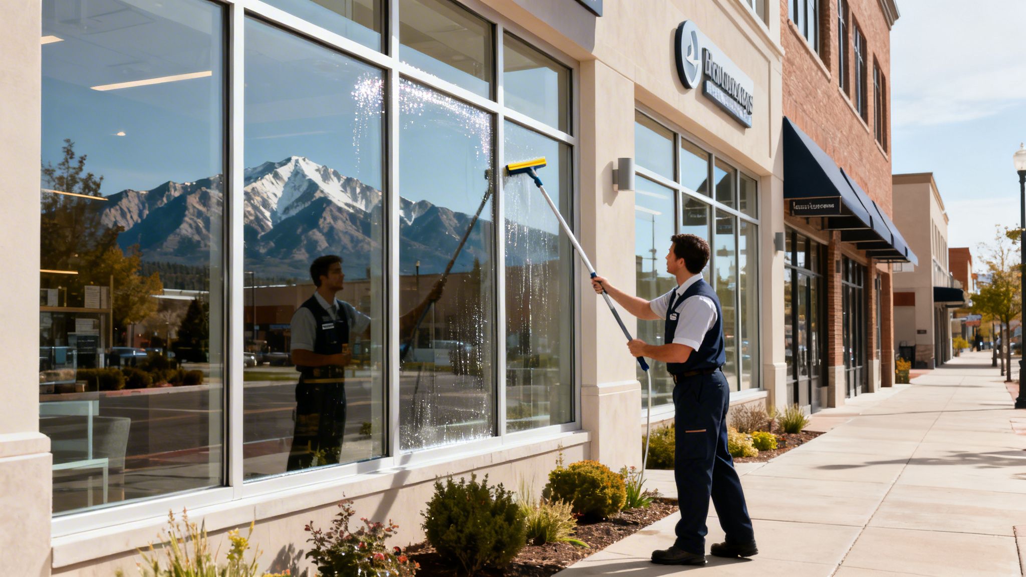 A professional cleaner washes the exterior windows of a commercial building, reflecting snowy mountains.
