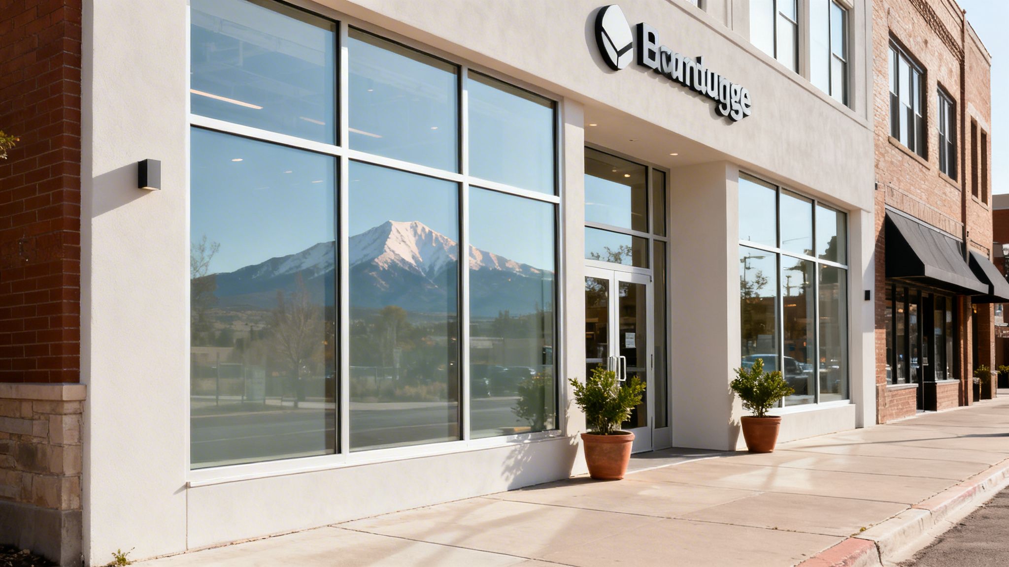 Modern commercial building with expansive windows, displaying a reflection of a snowy mountain.