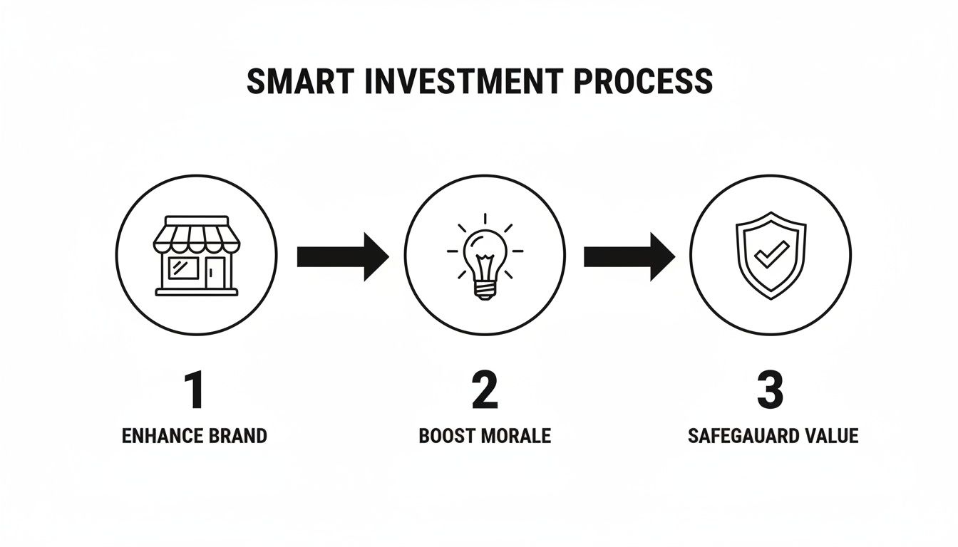 Infographic showing a smart investment process with three steps: enhance brand, boost morale, and safeguard value.