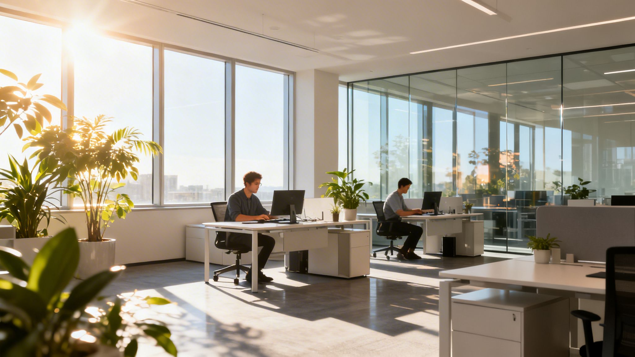Modern office with employees working at desks, abundant sunlight, large windows, and green plants.