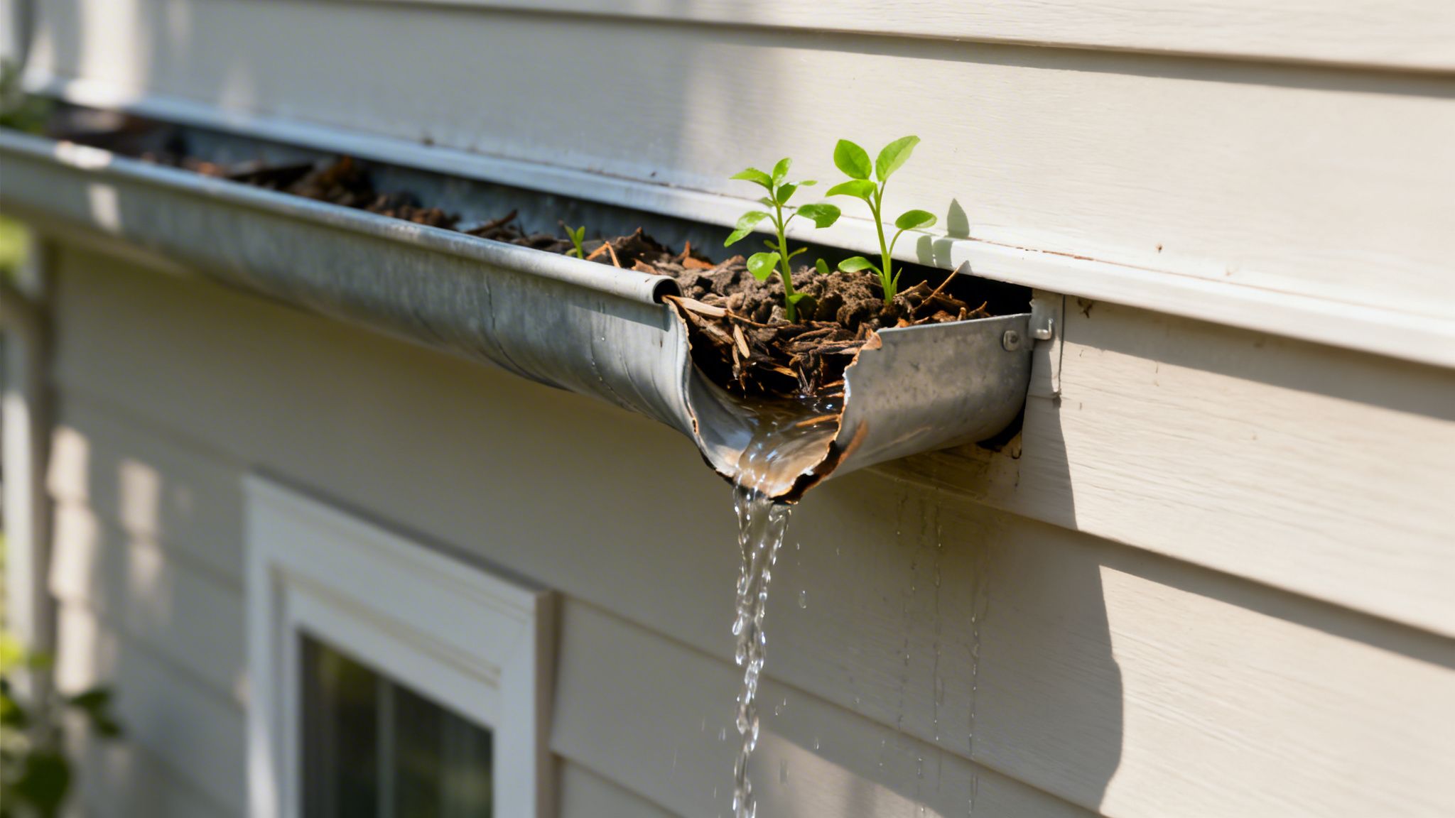 A broken, dirty metal gutter overflowing with water and small plants, indicating neglected home maintenance.
