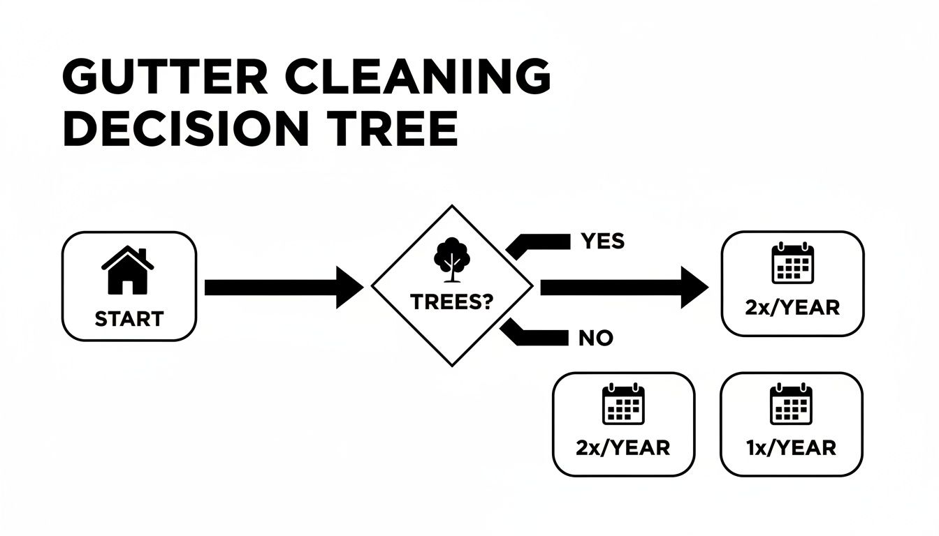 A decision tree flowchart for gutter cleaning frequency, based on whether trees are present, leading to 1x or 2x per year.
