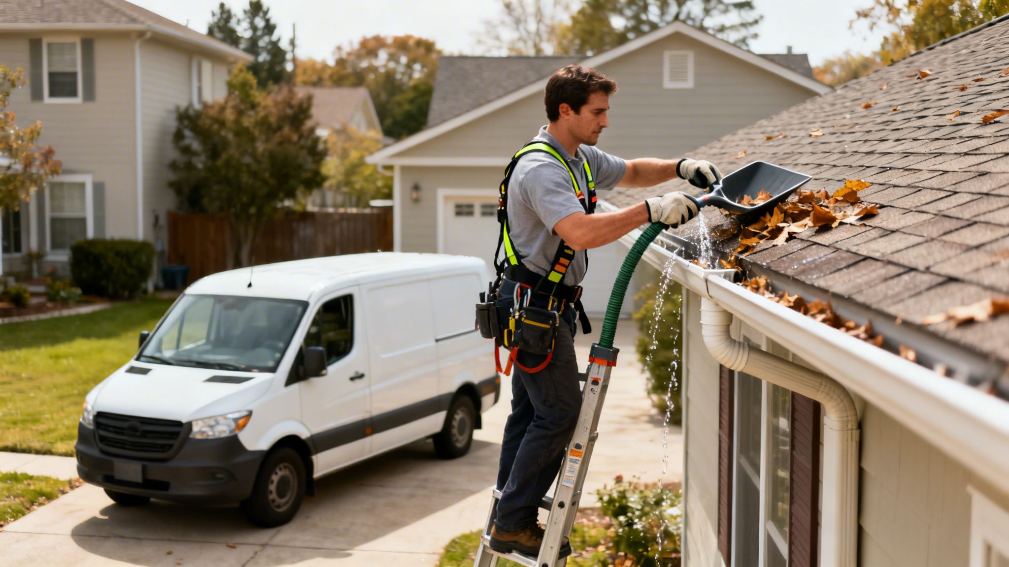 A man wearing a safety harness cleans a house gutter full of autumn leaves with a scoop and hose.