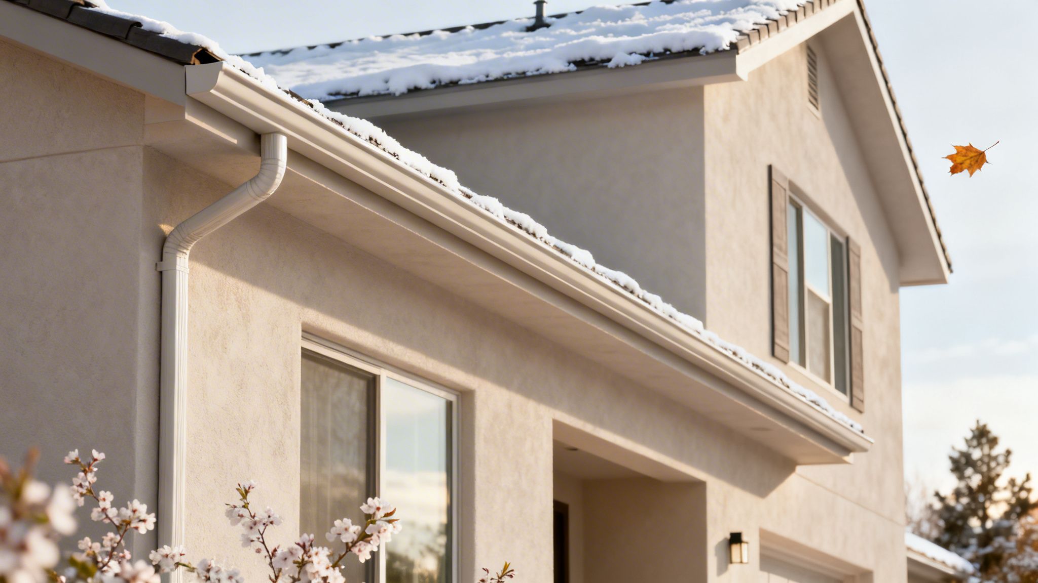 A modern house with snow on the roof, white gutters, and a single autumn leaf falling.