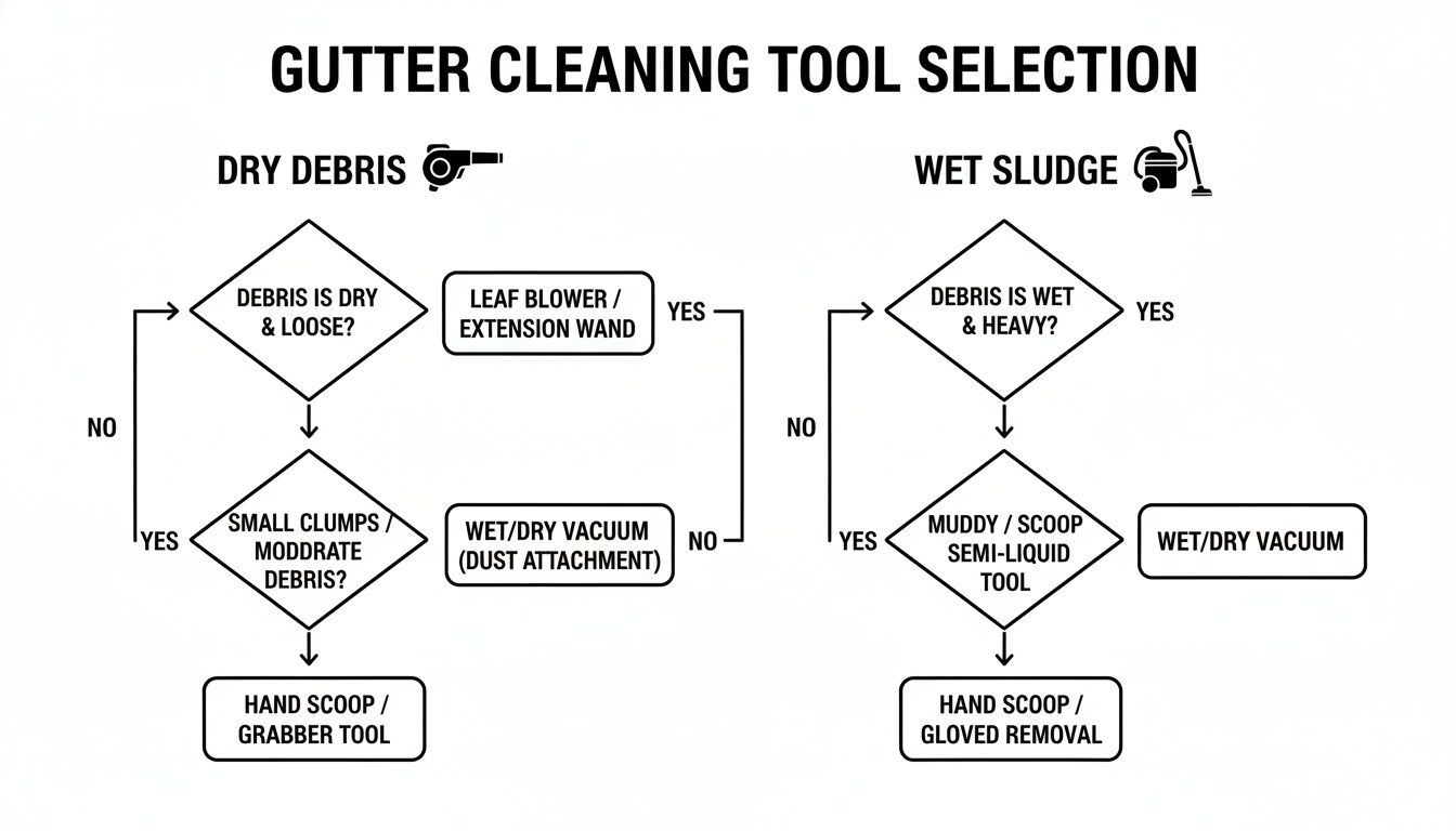 A flowchart detailing gutter cleaning tool selection based on whether debris is wet or dry sludge.