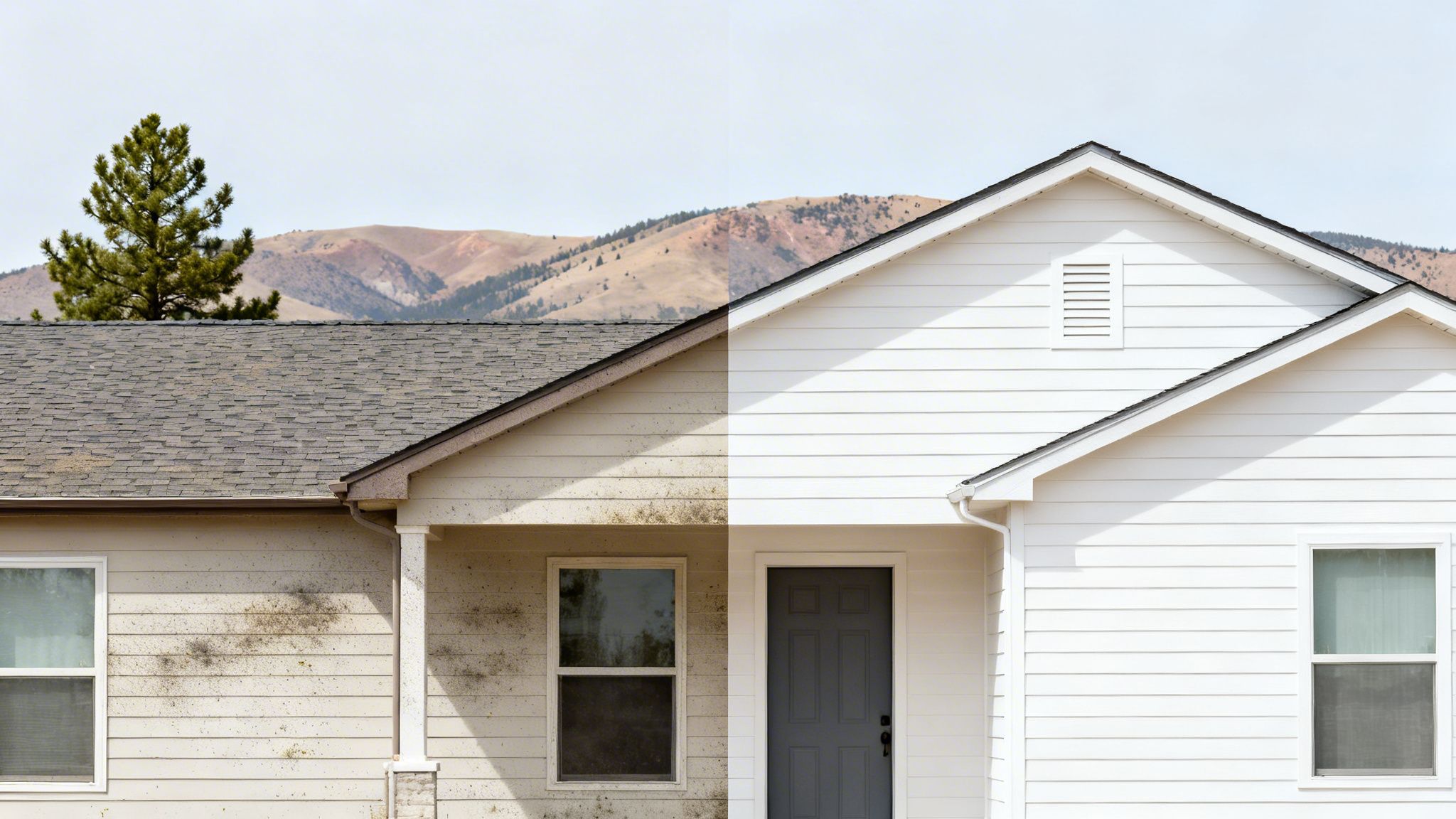 Before and after comparison of house siding, showing dirty on left and clean on right.