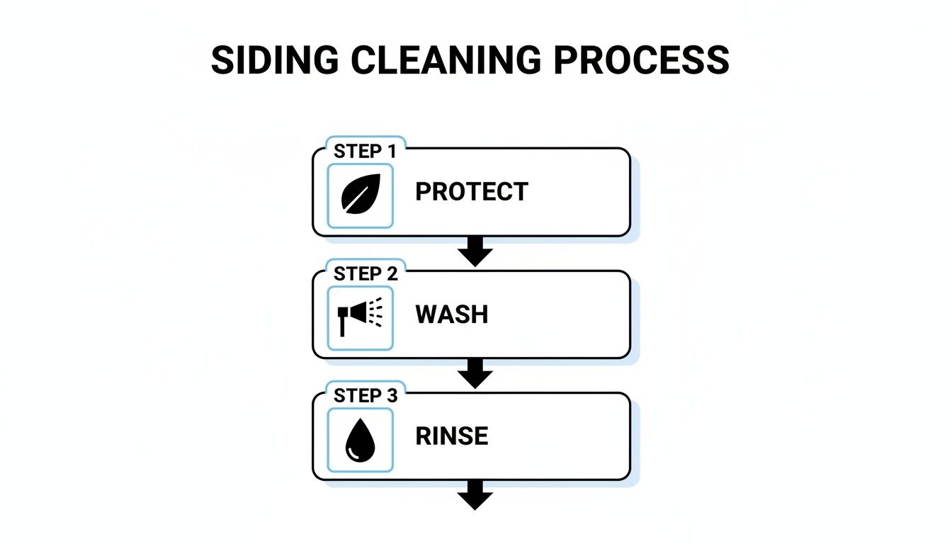 Flowchart illustrating the siding cleaning process, featuring three steps: protect, wash, and rinse with icons.