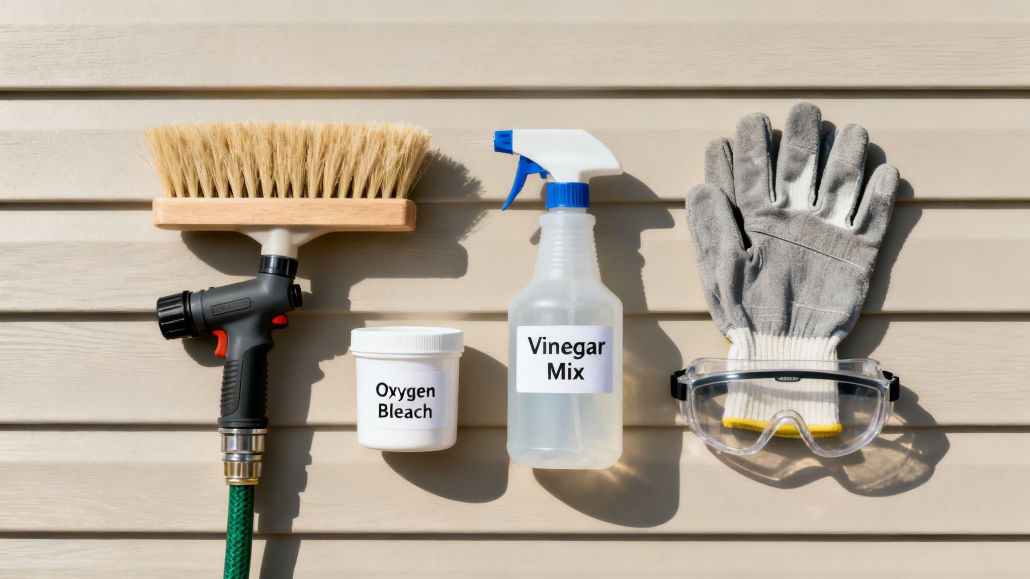 Essential tools and solutions for cleaning house siding, including a brush, hose, bleach, and safety gear.