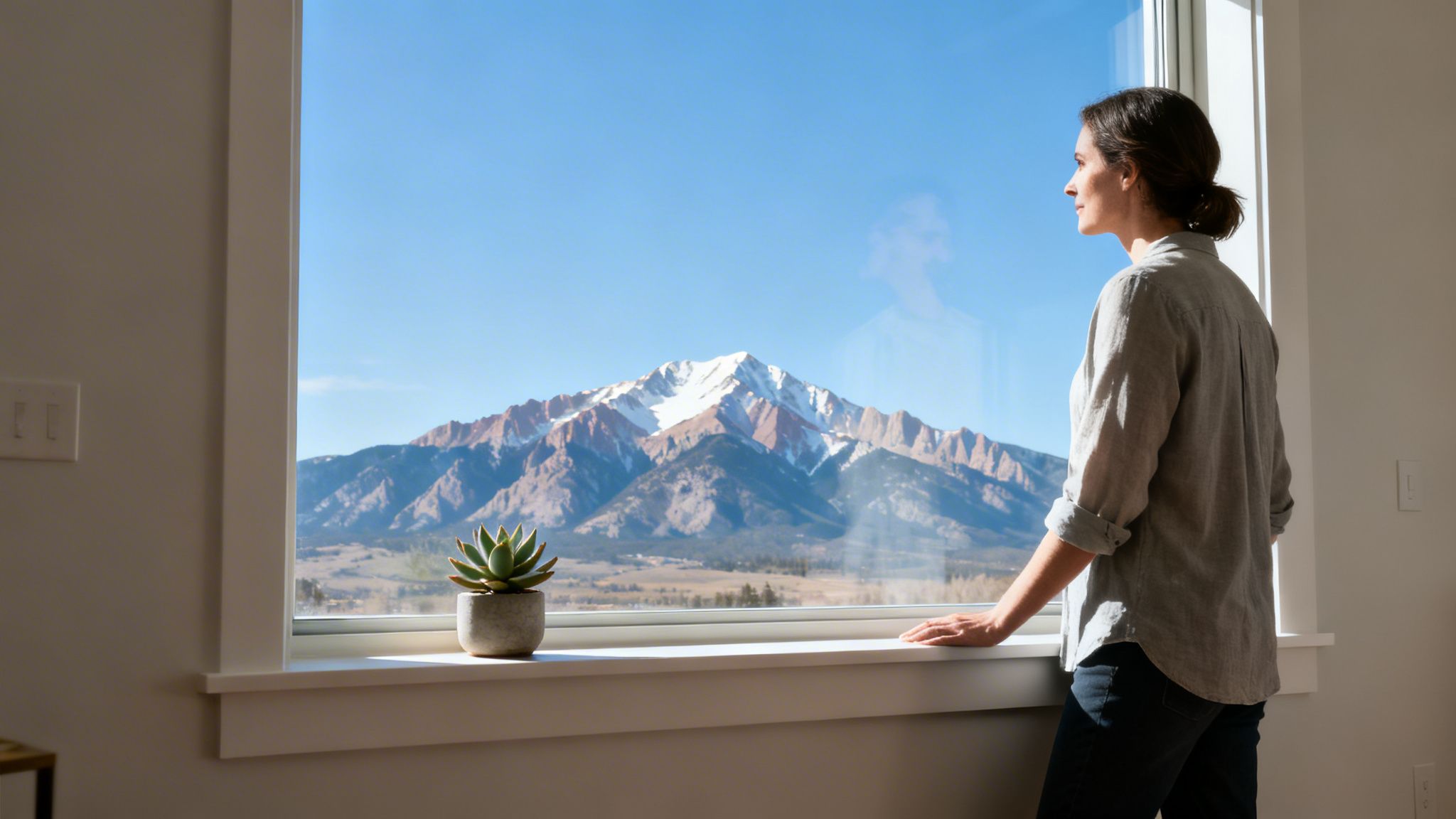 A woman stands by a window, admiring a stunning view of a snow-capped mountain and blue sky.