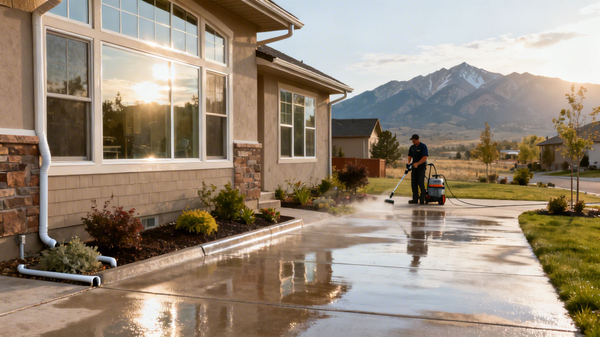 Man pressure washing a concrete driveway in front of a modern house with mountains.