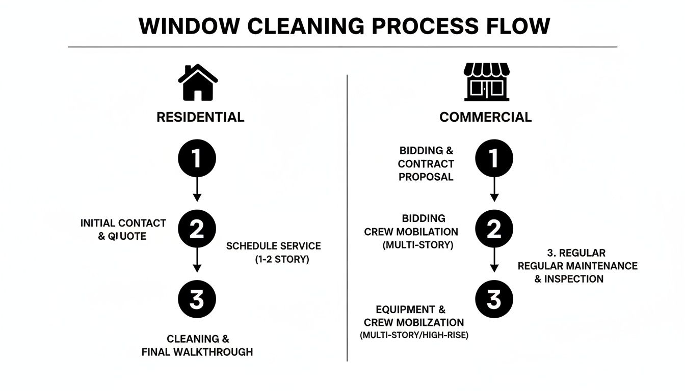 A detailed flowchart showing the window cleaning process for both residential and commercial clients.