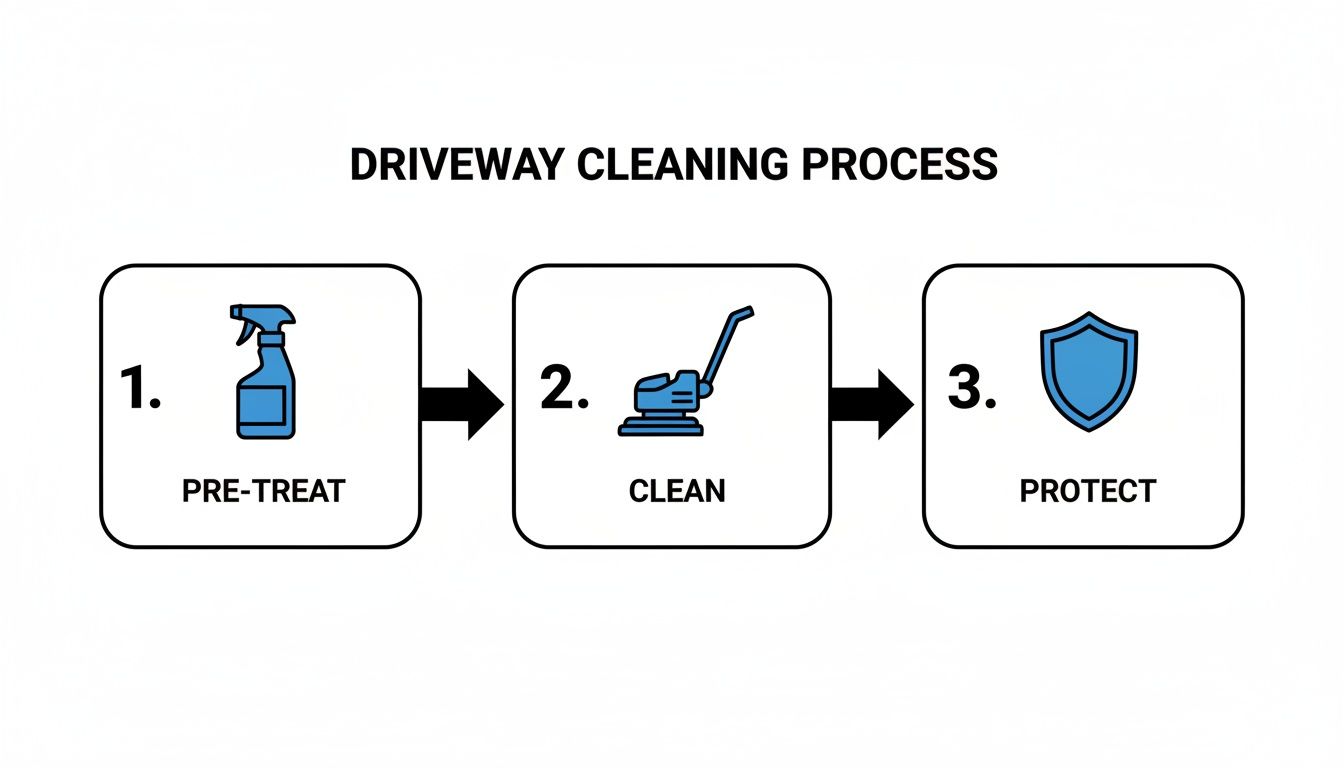 Infographic illustrating a three-step driveway cleaning process: pre-treat with spray, clean with surface cleaner, and protect with a shield icon.