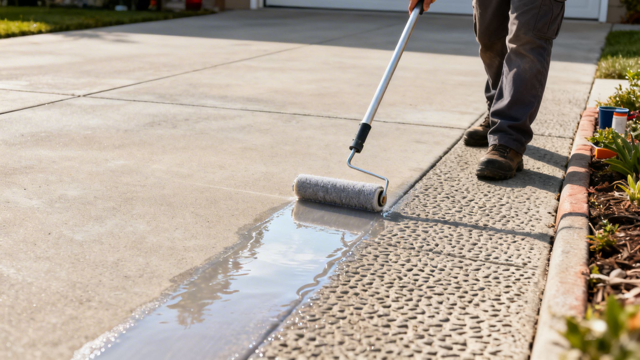 A person applies a clear protective sealer to a concrete driveway using a long-handled roller.
