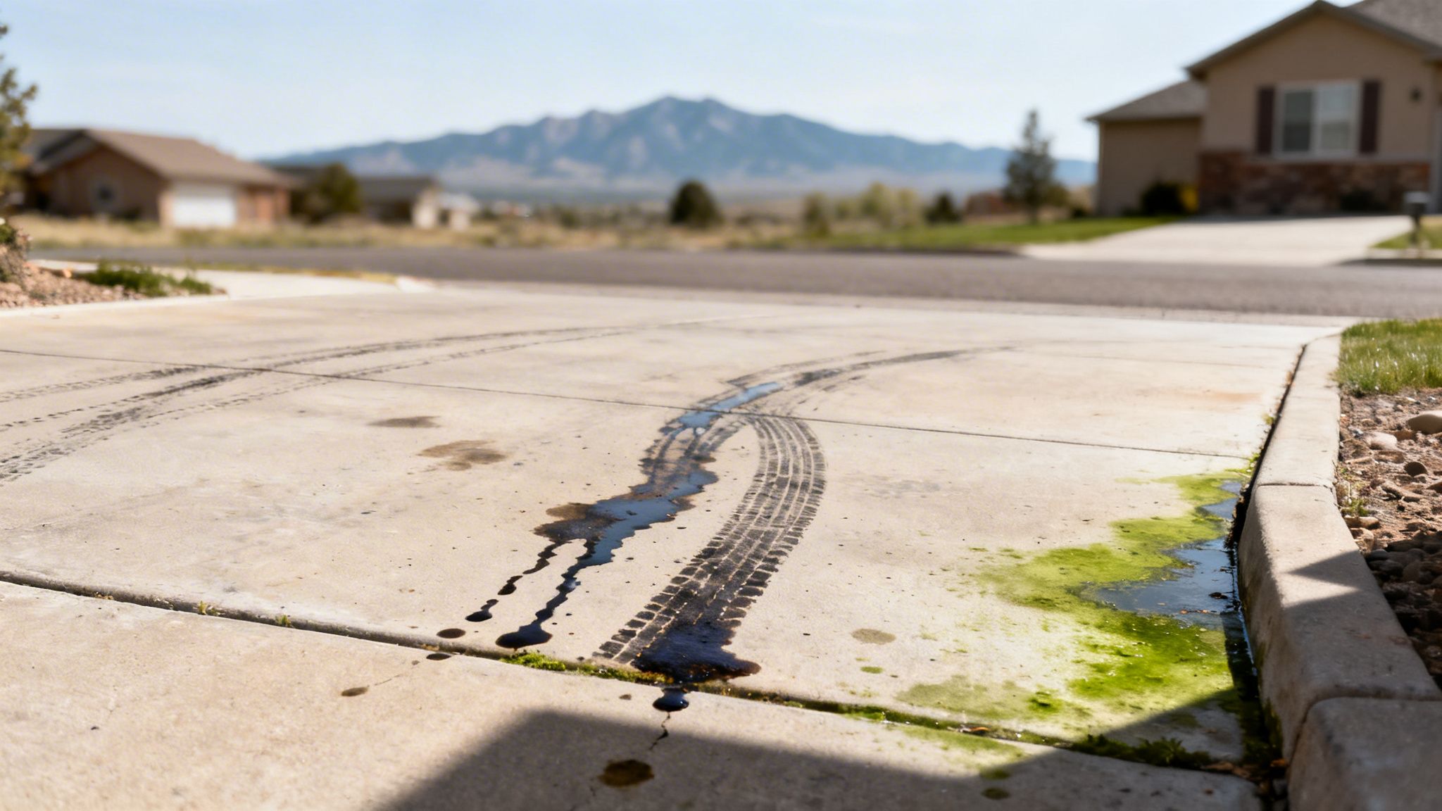 A residential driveway stained with dark liquid spills, tire marks, and green algae.