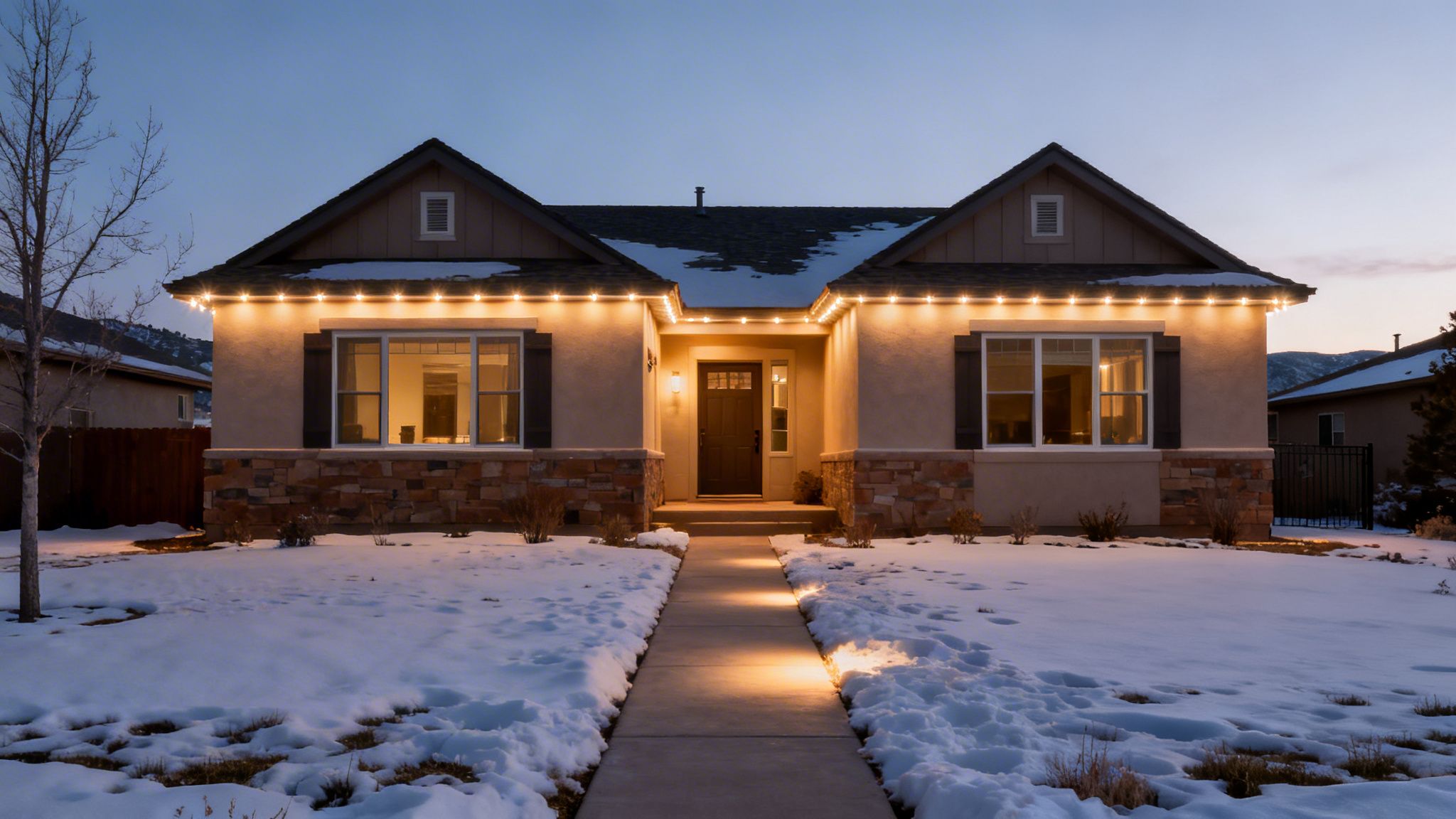 Snowy home with professional Christmas lights on roofline and path at evening.
