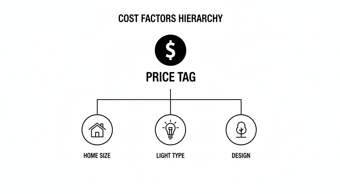A hierarchy chart illustrating the price tag broken down into home size, light type, and design factors.