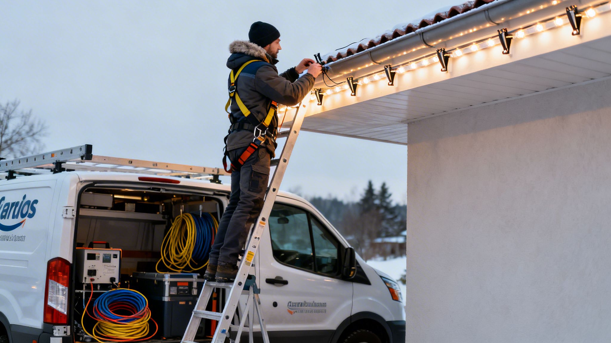 A man safely installs festive Christmas lights on a house roof from a ladder, with a service van nearby.