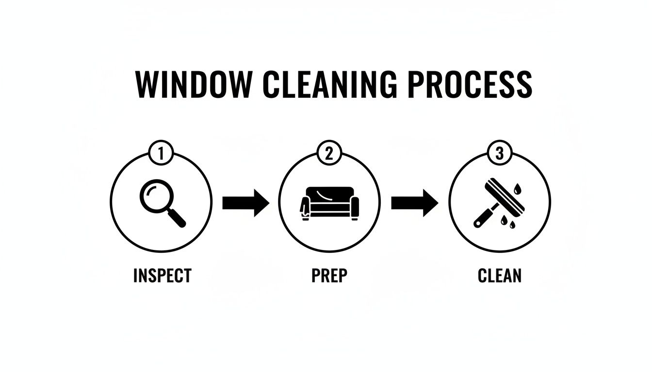 A three-step diagram illustrating the window cleaning process: inspect, prep, and clean with icons.