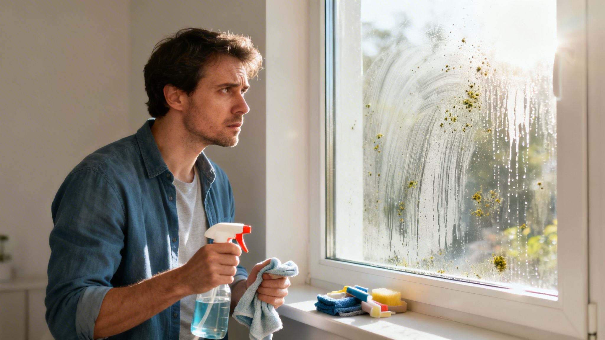 Concerned man holds spray bottle and rag, ready to tackle a very dirty residential window.