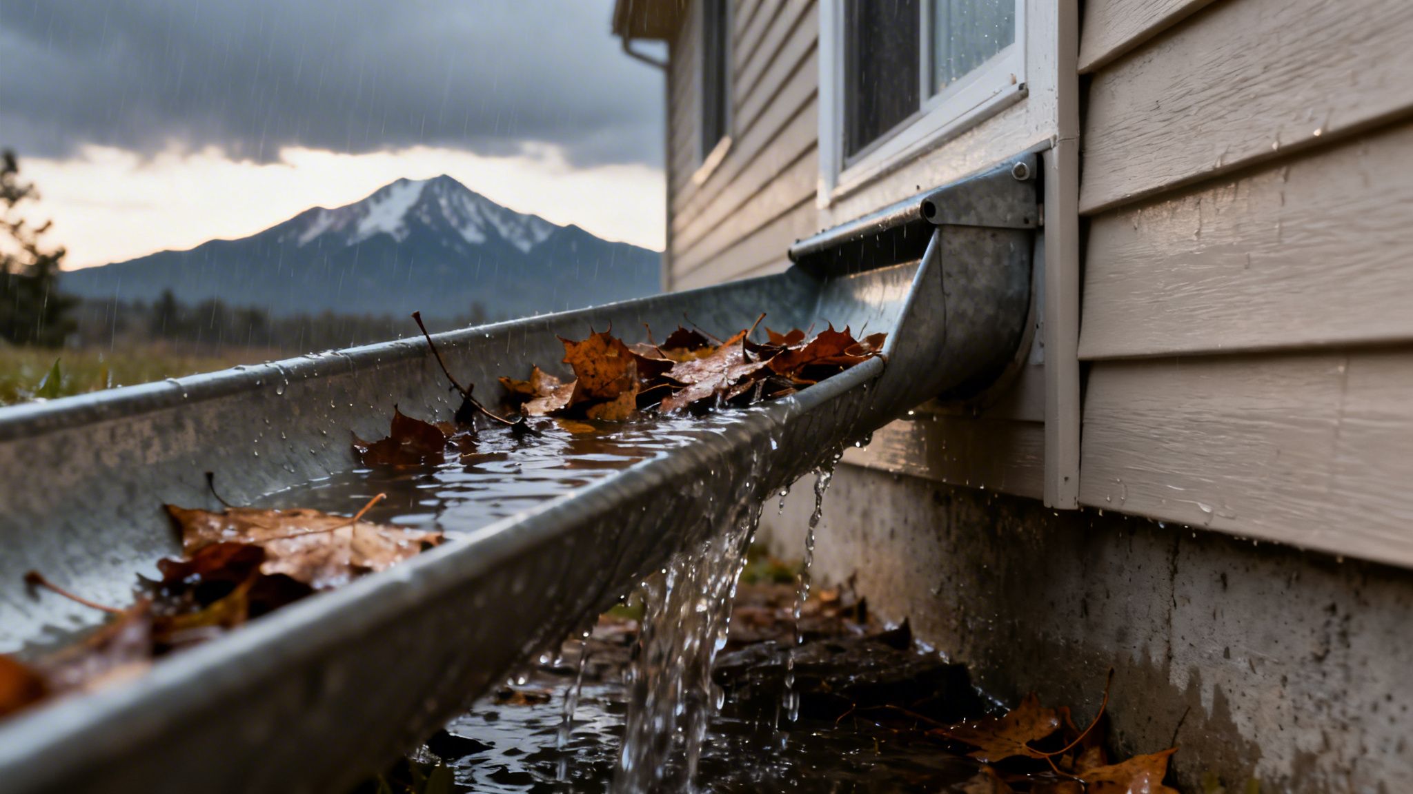 Rainwater overflows from a clogged gutter full of autumn leaves on a house with a mountain backdrop.