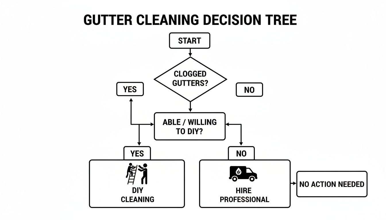 A gutter cleaning decision tree flowchart outlining steps from clogged gutters to DIY or hiring a professional.