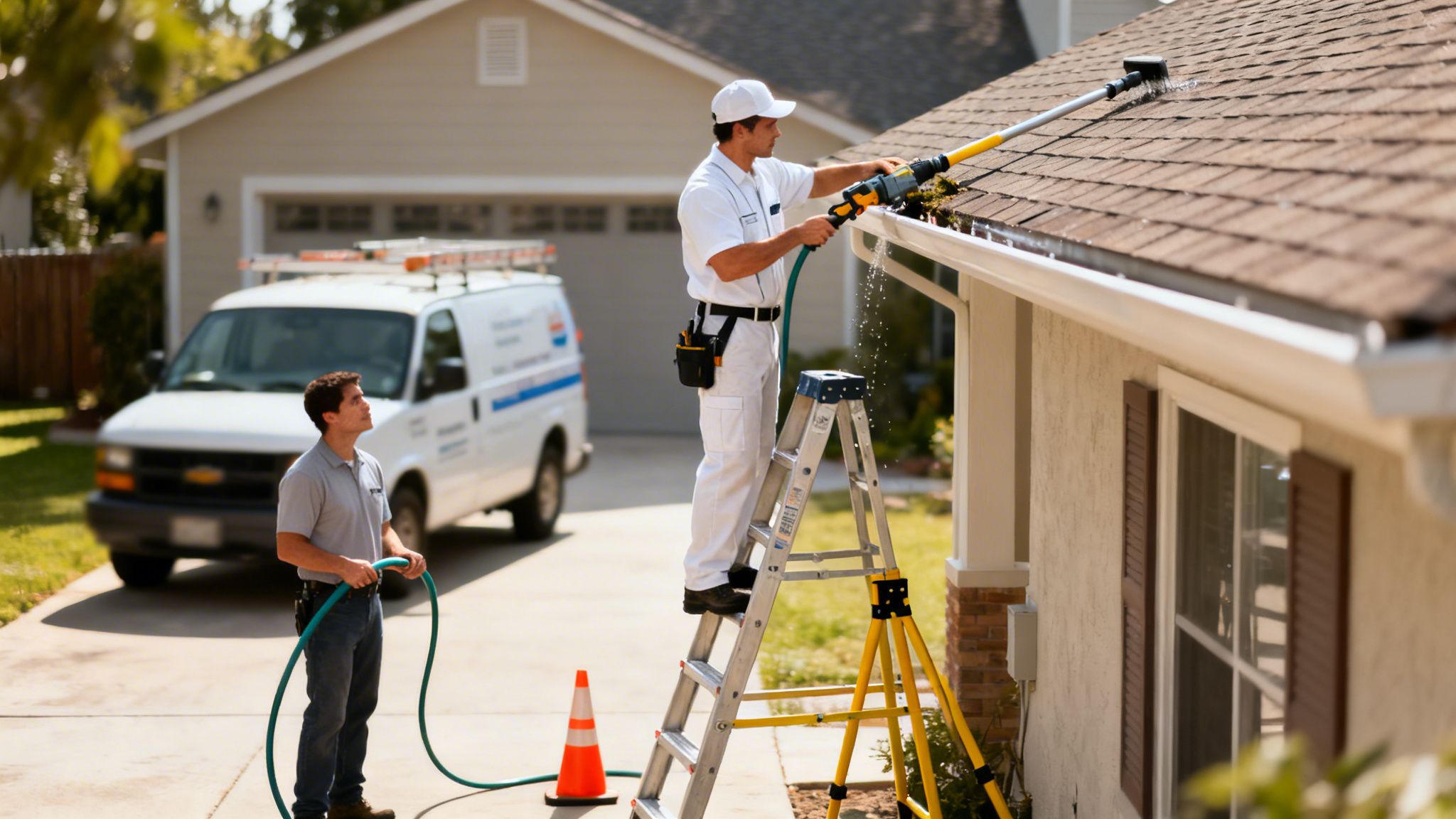 Two professional men cleaning house gutters with a long tool and hose on a sunny day.