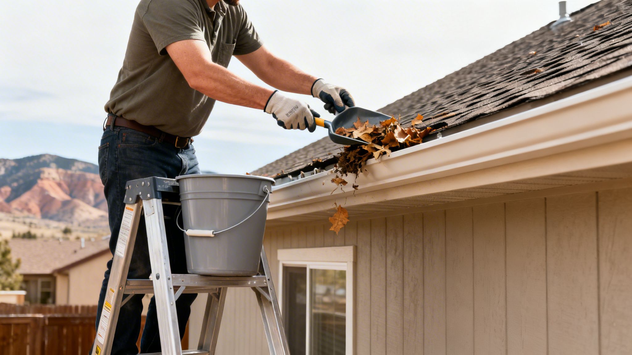 Man on a ladder wearing gloves, using a scoop to clean fallen leaves from a residential gutter.