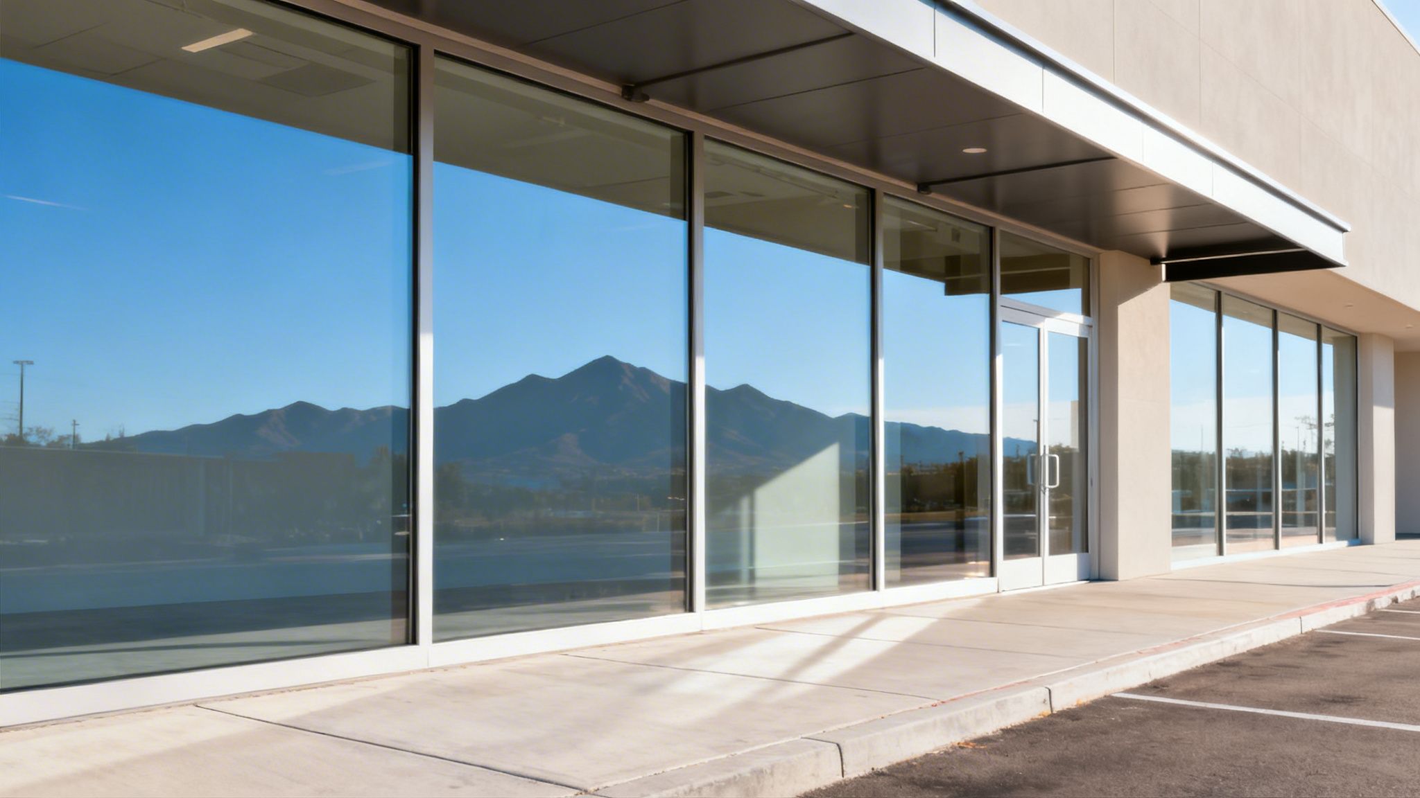Exterior view of a commercial building with large, clean windows reflecting mountains and sky.