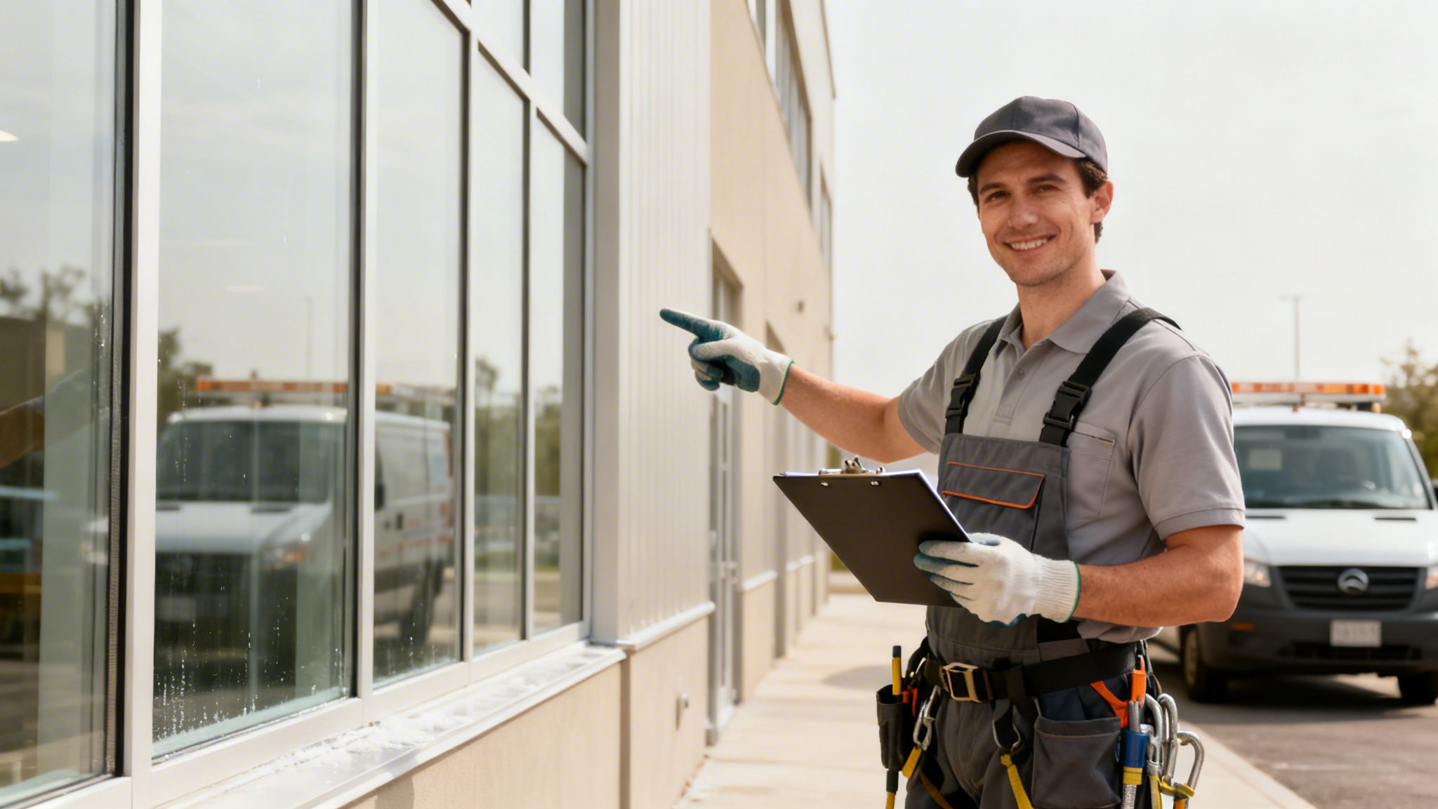 Smiling worker in overalls holding a clipboard, pointing at commercial building windows.