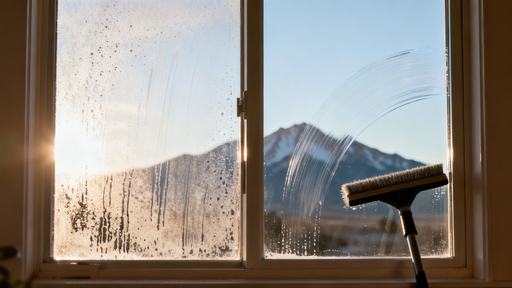 A window being cleaned, with one dirty pane and one sparkling clean pane, showing a mountain view.