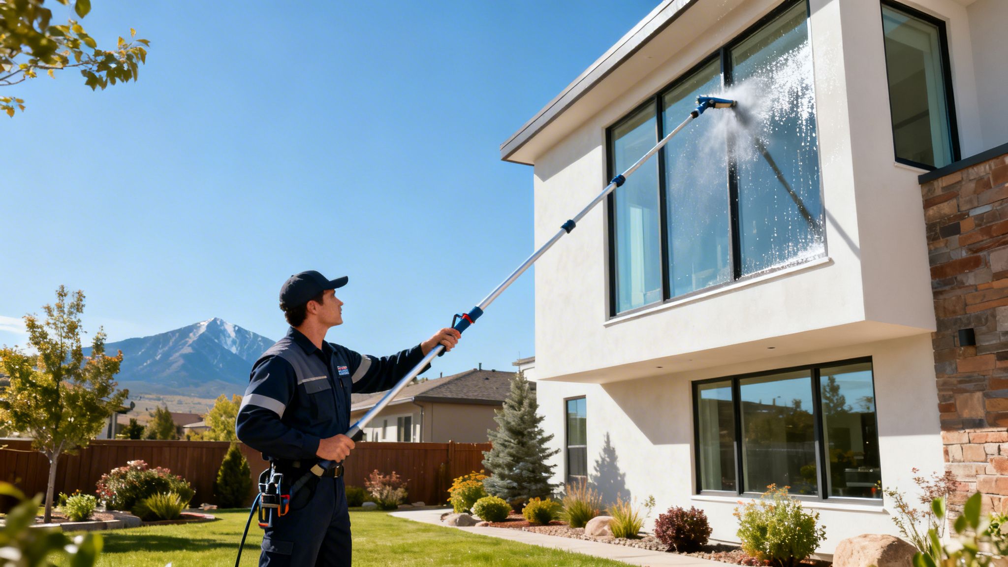 Professional window cleaner washing exterior windows of a modern house with an extended pole.