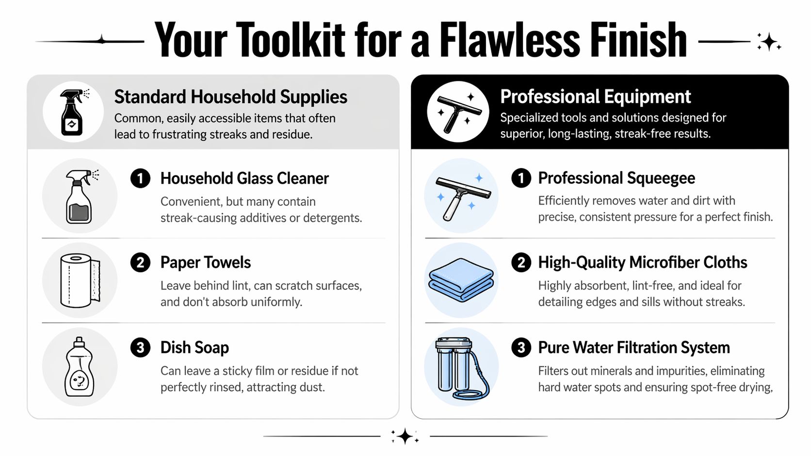 A comparison infographic showing common household glass cleaning supplies versus professional window cleaning equipment and tools.