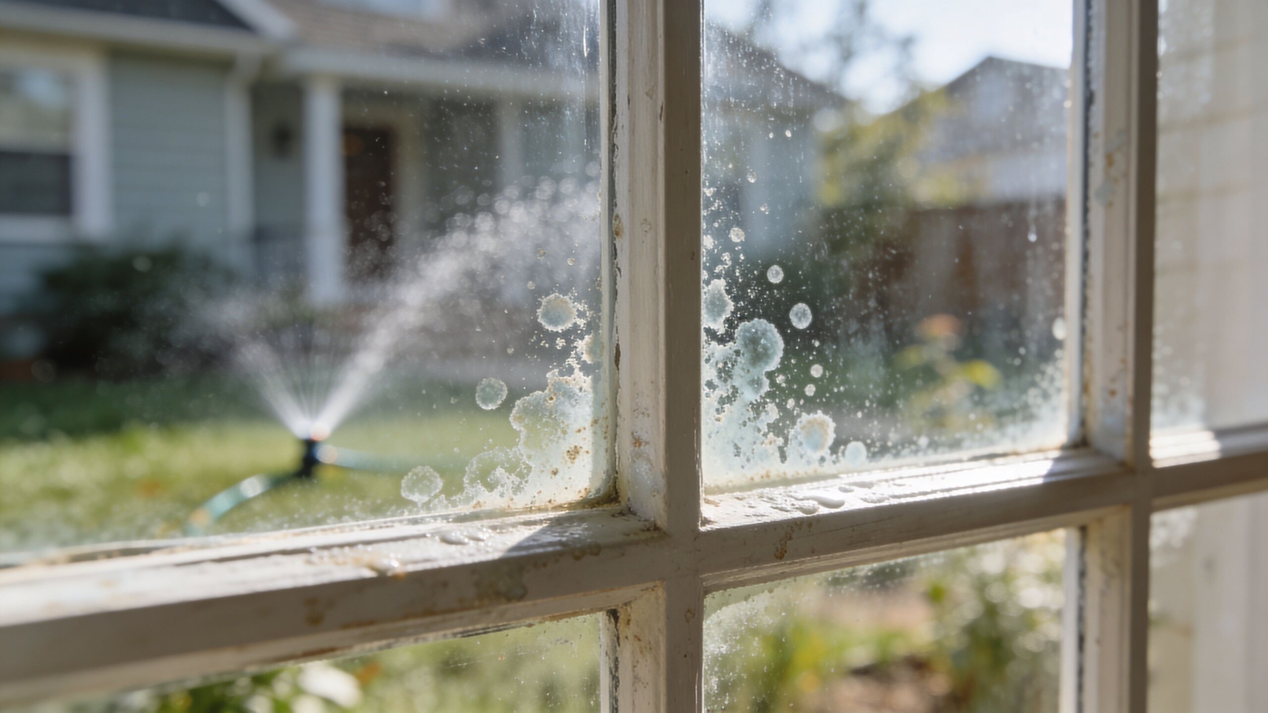 Close-up of a dirty window with hard water stains and mineral deposits from a garden sprinkler.