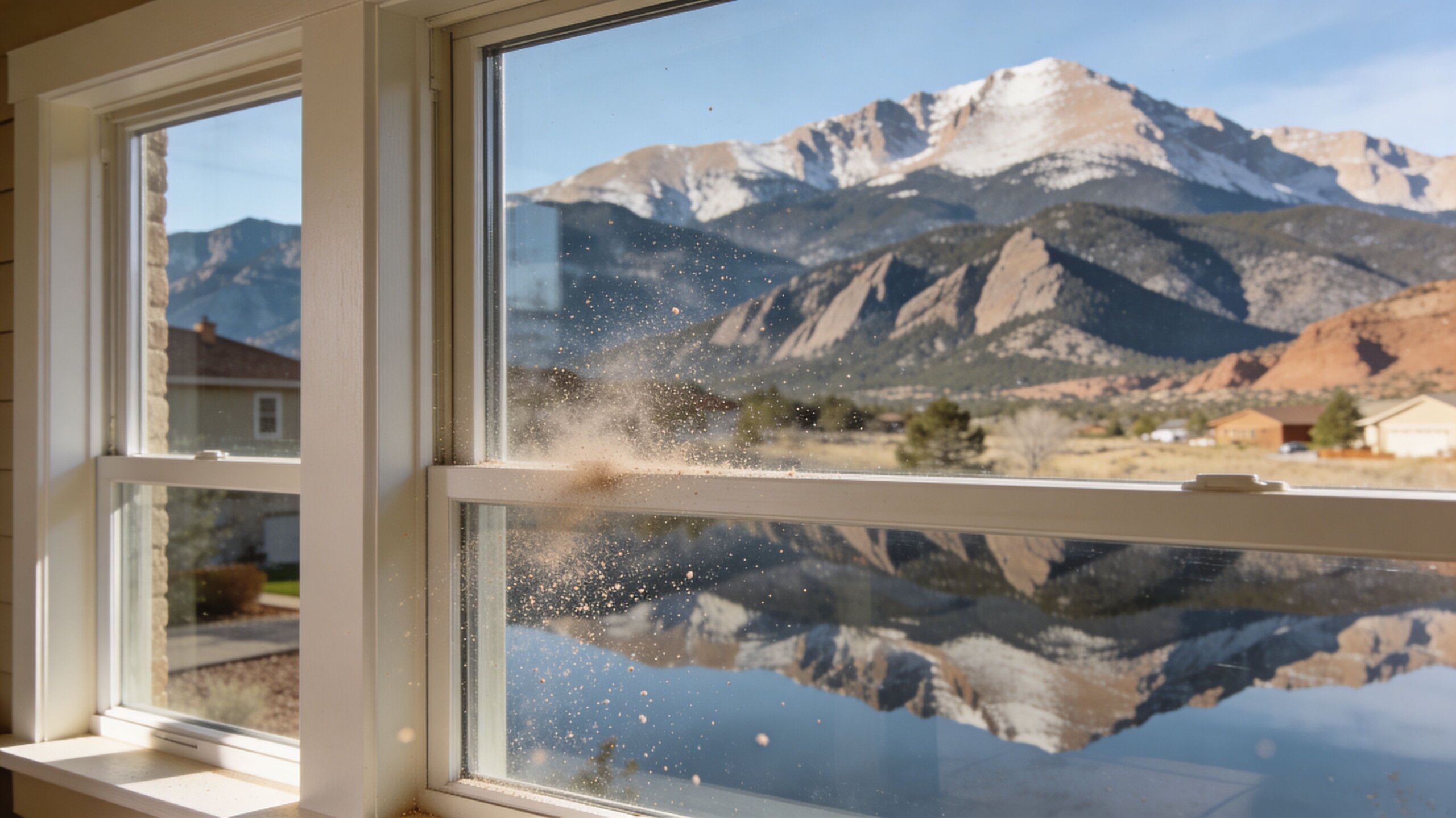 A scenic view of snowy mountains through a dusty window with a reflective lower glass panel.