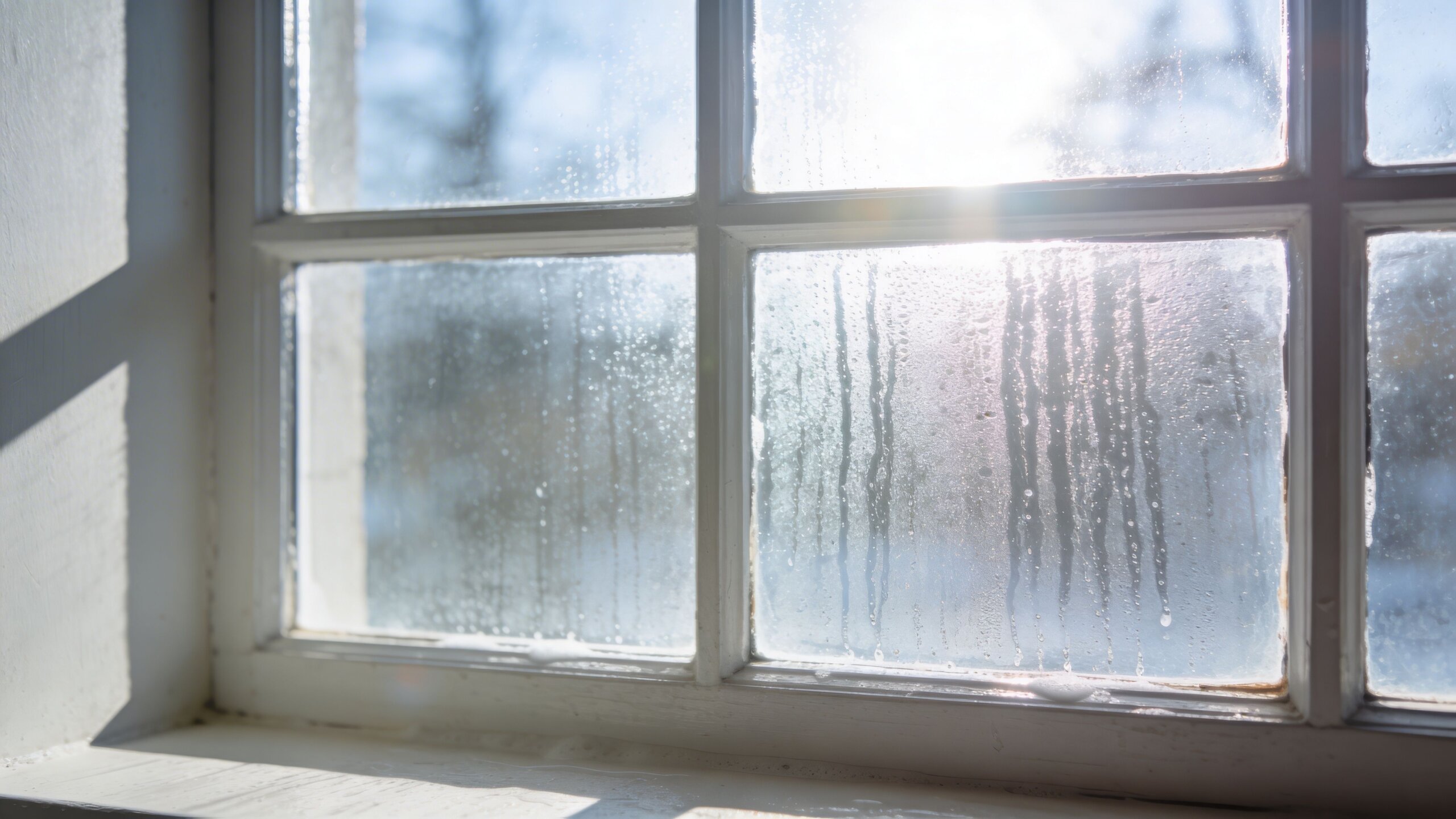 A condensation-covered windowpane reflecting bright sunlight in a home, highlighting moisture buildup on the glass surface.