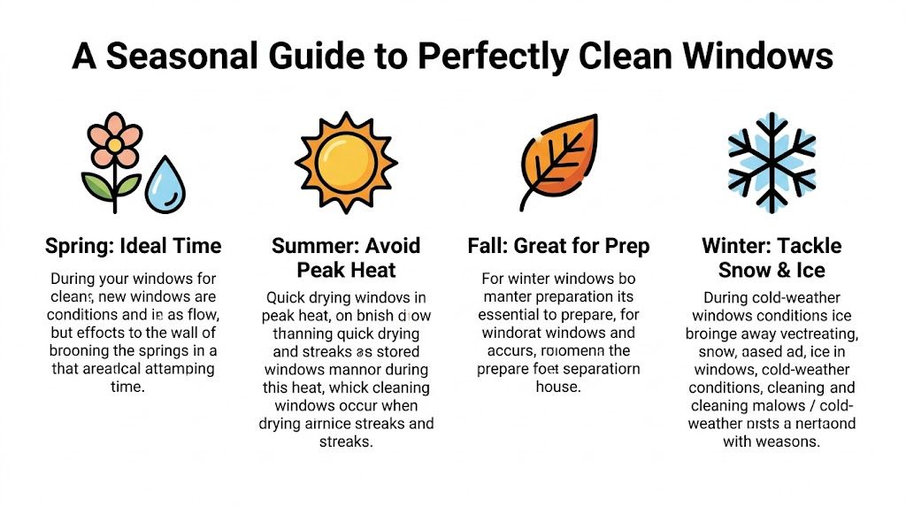 A seasonal infographic guide providing advice for cleaning windows throughout spring, summer, fall, and winter.