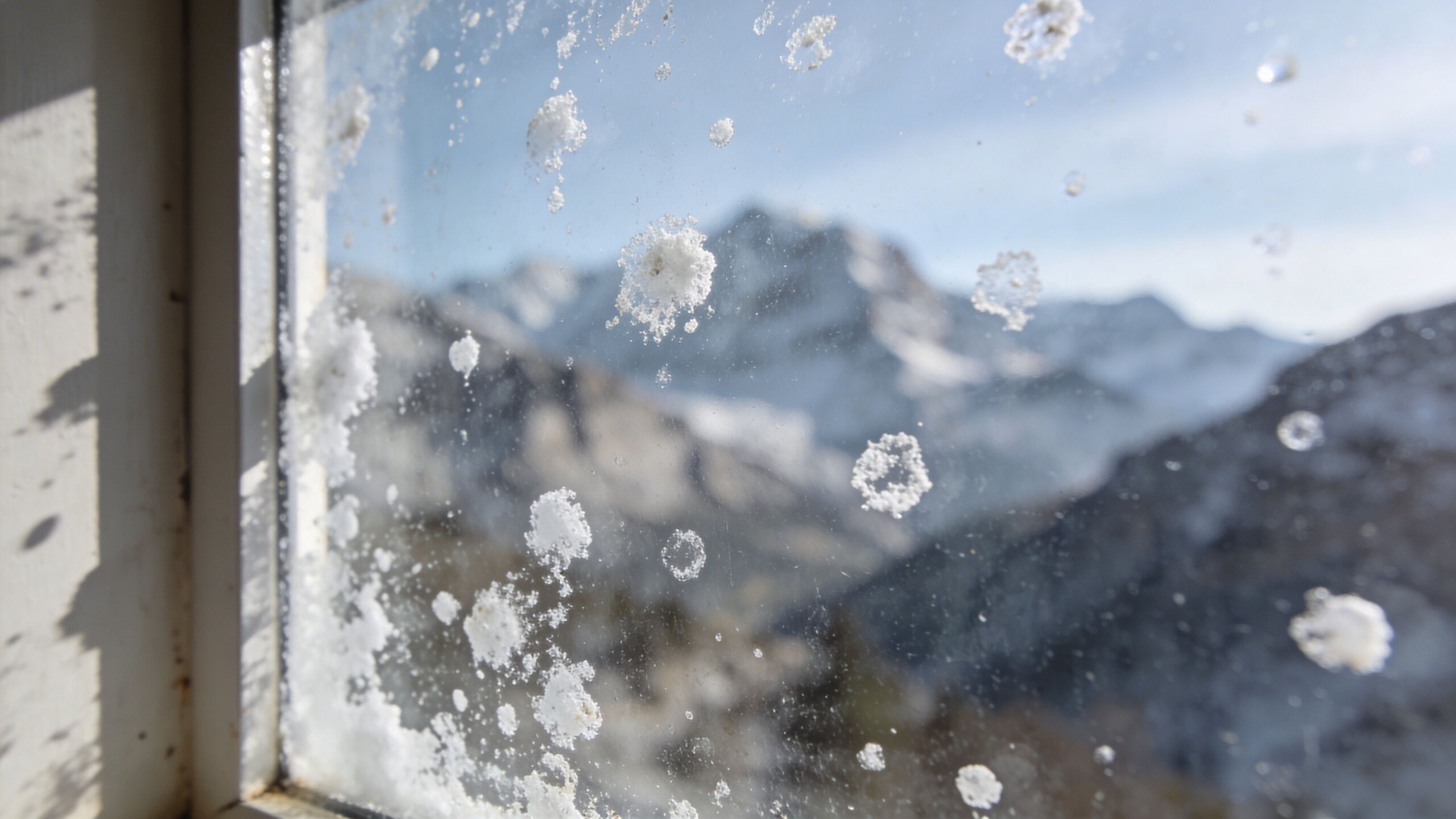 A view through a windowpane speckled with fresh snowflakes looking out toward a snowy mountain range.