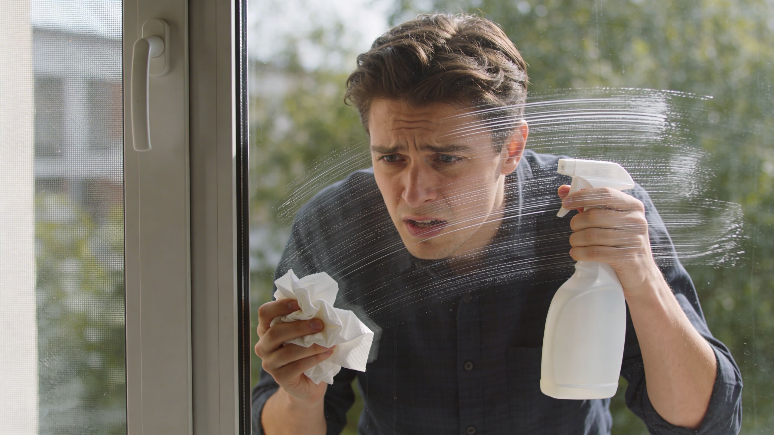 A young man looking stressed and focused while cleaning a glass window with a spray bottle and paper.