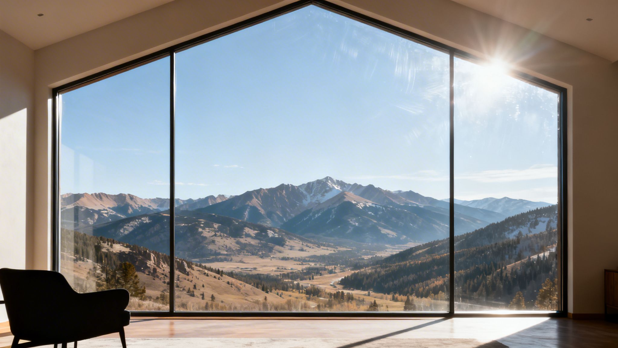 A large, triangular window in a modern home offers a breathtaking view of a sunny mountain valley.