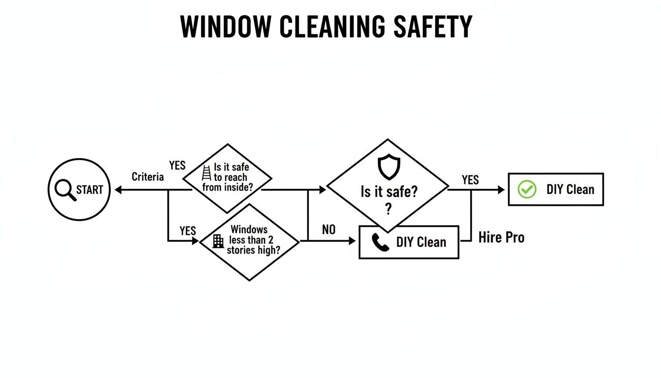 Flowchart guiding safe window cleaning decisions, evaluating reach, height, and overall safety for DIY or professional hire.