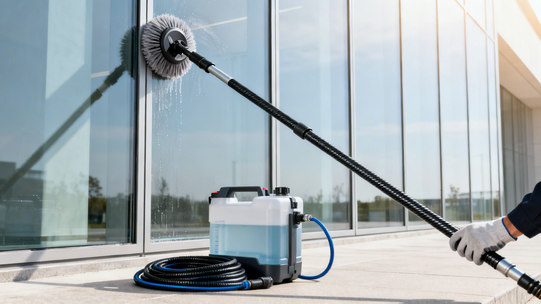 A worker using a long pole brush and a portable water system to clean large glass windows of a modern building.